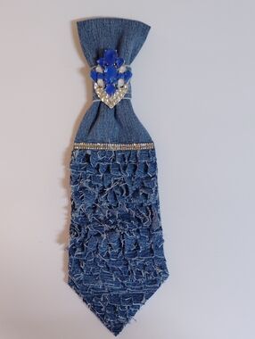 Blue Denim Bow Tie Scarf with Rhinestone Accent